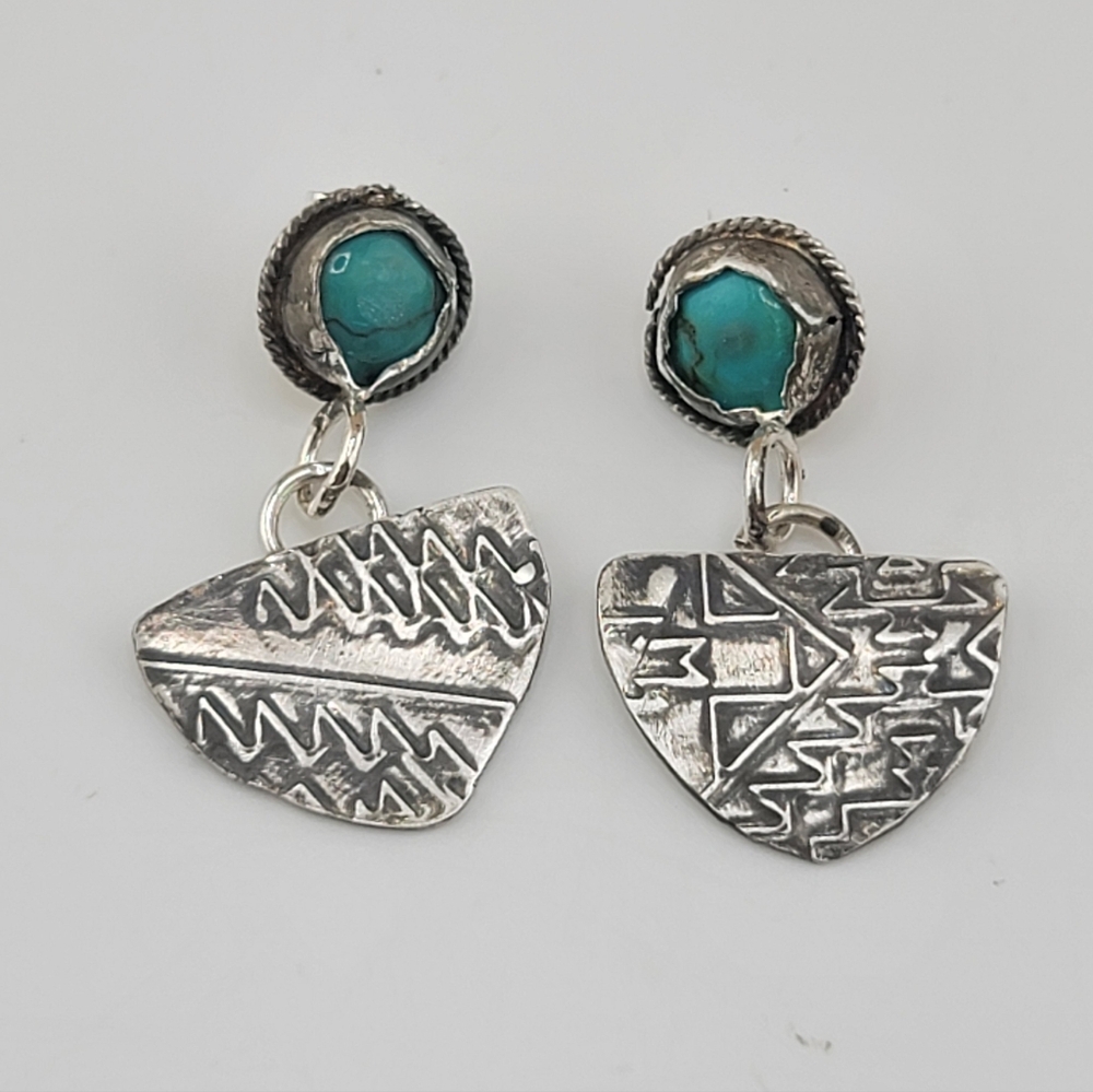 Turquoise Bohemian Tribal Embossed Earrings Handmade In Sterling Silver